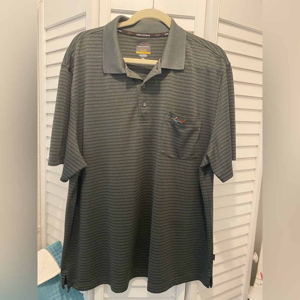 Greg Norman Tasso Elba “Golf Polo Shirt” Size XXL Black/Grey Stripe Pocket EUC